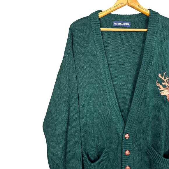 Vintage Forest Green Embroidered Cardigan 90s Woodland Deer Aesthetic Grandpa - Picture 3 of 7